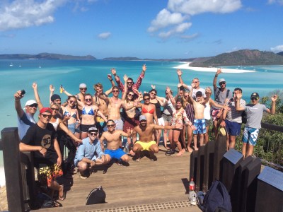 a group of people on a beach near a body of water